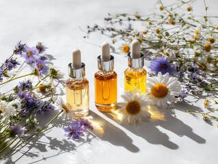 Three beauty oil bottles surrounded by fresh flowers.