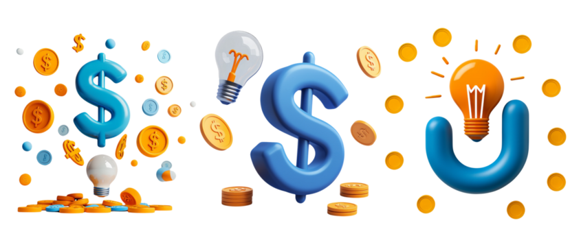 Colorful financial symbols representing money, ideas, and innovation themes