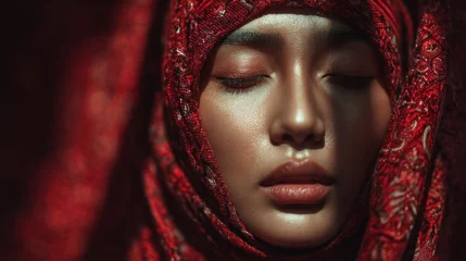 Papier peint photo  Serene portrait of a woman in traditional red headscarf with closed eyes  © Yudis