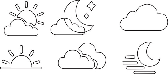 Weather icons representing various conditions such as sun, rain, snow, and clouds in a minimalistic design. Weather icons for web. Forecast weather flat symbols. Pictogram vector icons.