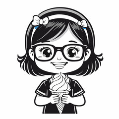 Happy Little Child Wearing Glasses Holding Ice Cream in Both Hands Vector Illustration