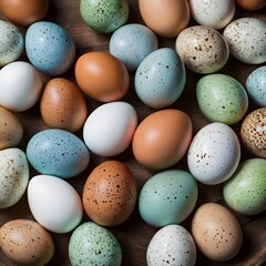 Top-down shot of assortment of colorful farm-fresh eggs ,light blue, green, white, brown,arranged in an artful pattern on rustic wooden table, natural daylight,Generative Ai
