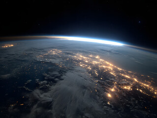 Dramatic Earth View from Space with Glowing Cities and Atmospheric Blue Haze