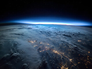 Earth Orbit View Glowing City Lights and Blue Atmosphere