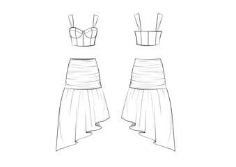 Women Resort Corset Bustier Cropped Top And Asymmetric Midi Skirt Matching Set, Front & Back View CAD, fashion flat sketch, Editable Flat Technical Drawings Illustration, Top Skirt Mock up