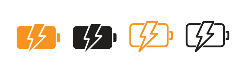 Four distinct battery icons featuring lightning bolts, symbolizing power, energy, and charge status for technology and device interfaces. Clean and modern.
