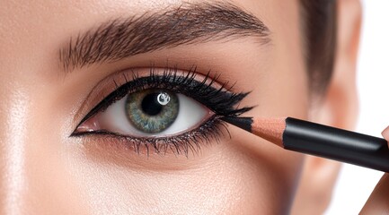 A beautiful woman with big eyes is applying black winged eyeliner to her eye, close-up of hand holding a pencil for makeup, white background, beauty and makeup concept, stock photo.
