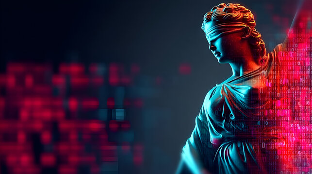 Artistic Digital Justice Statue Futuristic Binary Code Law Enforcement Concept. Ai Generated Images