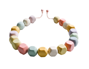 Colorful beaded necklace.  Geometric, pastel-hued beads.  Soft colors.  Simple design