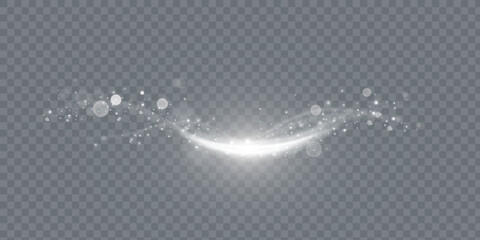 White light trails, light in motion, glowing speed lines with sparkles. Bright gold decoration, luminescent swirls isolated on black background. Vector illustration.	
