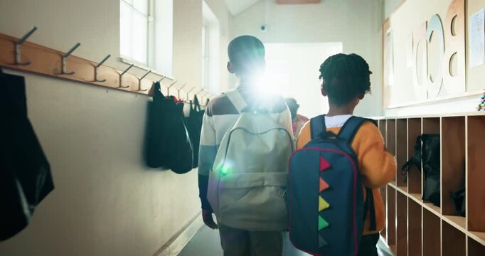 Backpack, education and back of students in school for knowledge, study period and learning. Scholarship, growth and class schedule with group of kids on campus for child development and friends