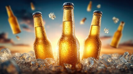 Three icy cold beer bottles, perfect for a hot summer day's enjoyment and refreshment.