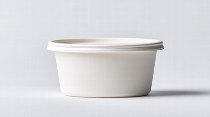 A clean shot of a white, round, disposable food container with a lid.