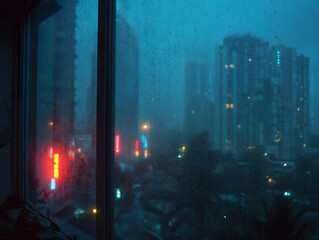 Rainy Cityscape View through Window Glass with Water Droplets