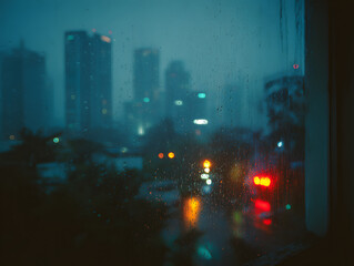 Rainy Cityscape Through Window with Water Droplets Dark Blue Urban View