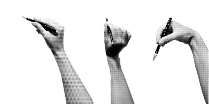 Human hands in dotted pop art style holding pen, stylus, pencil. Vector collage element for mixed media design isolated on transparent background