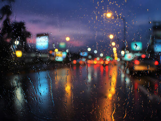 Rainy Window with Blurred City Lights at Night