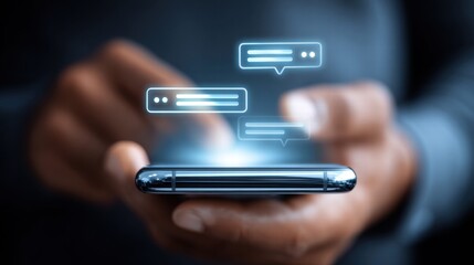 A person is using a smartphone with glowing chat bubbles, implying communication and networking.