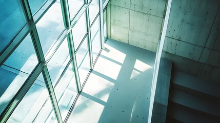 Fototapeta premium High angle view minimalist concrete courtyard lightwell strong geometric shadows sunlight casting patterns glass wall modern architectural space abstract design (Architectural Design)