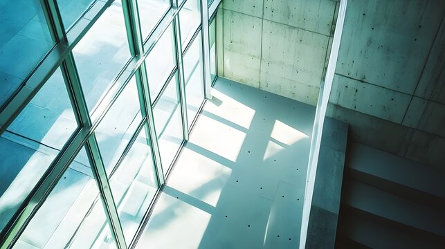 High angle view minimalist concrete courtyard lightwell strong geometric shadows sunlight casting patterns glass wall modern architectural space abstract design (Architectural Design)
