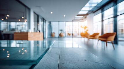 Bright and airy office lobby with modern furniture and natural light