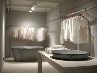 Modern Bathroom Interior with Neutral Colors and Clothing on Racks