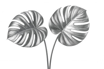 Detailed pencil drawing of two monstera leaves, isolated on a transparent background, perfect for nature-inspired designs