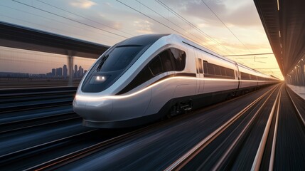 Fototapeta premium High-speed train journey urban cityscape transportation photography sunset environment dynamic perspective modern travel concepts