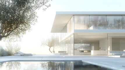 Obraz premium Minimalist modern white villa exterior expansive glass facade overlooking calm infinity pool misty sea background serene pale light luxury coastal architecture (Architectural Design)