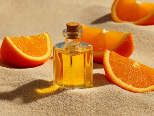 A vibrant orange essential oil bottle surrounded by orange slices.