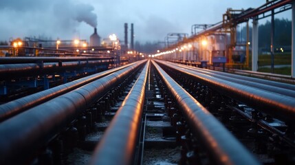 Naklejka premium Industrial pipeline transport action factory location photography content urban environment low angle viewpoint infrastructure concept for seo impact