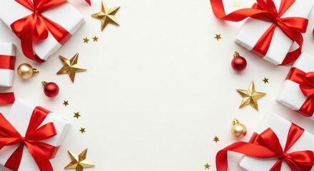 Elegant Christmas Gifts box pattern with Red Ribbons and Golden Stars on a Sparkling White Background. Festive, Holiday, Celebrations, luxury, decorations,  party, Valentine's Day, birthdays. 