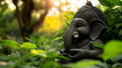 Obraz premium Meditative action of a ganesha statue surrounded by lush greenery in a tranquil garden setting capturing serenity and spirituality