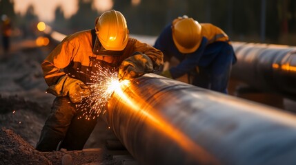 Welding action on pipeline restoration industrial site photography evening environment close-up view engineering concept for seo impact