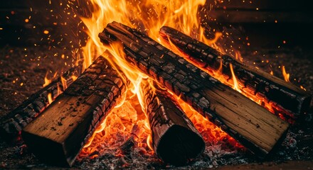 Intense Fiery Blaze - A Mesmerizing Close-Up of Crackling Logs, Glowing Embers, and Sparks.