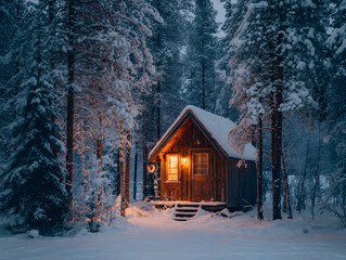 Cozy Wooden Cabin Glowing in Snowy Winter Forest Scene