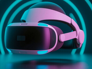 Close-up of a virtual reality headset illuminated by neon blue and purple lights on a futuristic background. Symbolizing immersive gaming, metaverse technology, VR simulation, and modern digital