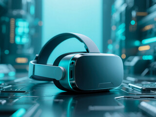 Modern VR headset placed on futuristic digital background, symbolizing virtual reality, immersive experience, metaverse, gaming, and digital innovation. Perfect for illustrating future technology