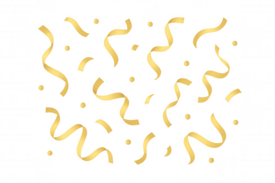 Shimmering golden confetti and ribbons cascading, generating festive mood against transparent backdrop for elegant graphic design enhancement