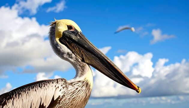 Close-up of a pelican's head and neck against a vibrant blue sky dotted with puffy white clouds. A seagull is also visible in the background - Powered by Adobe