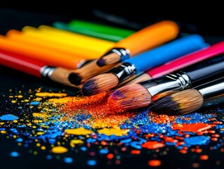 Obraz premium Colorful Paint Brushes and Splashes on Black Background