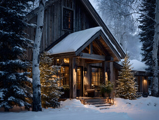 Cozy Rustic Cabin in Winter Forest with Christmas Tree and Snow