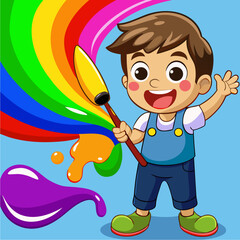 Happy painter boy splashing rainbow colors on a giant canvas