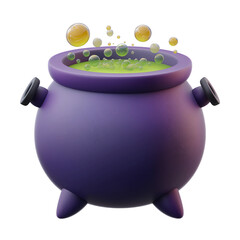 Halloween magical purple cauldron with bubbling green potion and floating translucent spheres on transparent background.