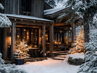 Rustic Cabin in Winter Snow with Christmas Trees and Cozy Warm Lights