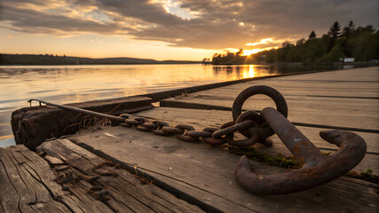 Fototapeta premium Anchor in tranquility: Capture the serene beauty of a tranquil lake scene at dusk, anchored by a rustic, weathered metal anchor resting on a wooden dock, reflecting the calm ambiance.