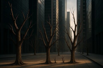 Obraz premium Dead Tree in the Middle of Urban City – Environmental and Social Issue Concept