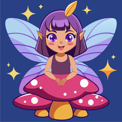 Cute little fairy girl sitting on a glowing mushroom
