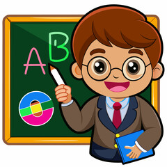 Cheerful teacher writing glowing letters on a chalkboard