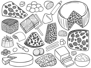 Cheese set. Hand drawn different kinds of cheese sketches. Set of parmesan piece, blue cheese, cheddar, gouda, Brie, ricotta, mozzarella